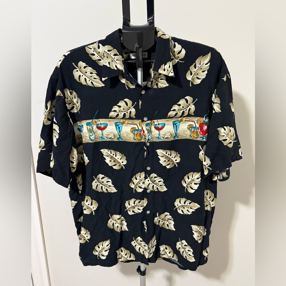 Pierre Cardin Black Short-Sleeve Camp Shirt with Cream Leaf and Cocktail Stripe